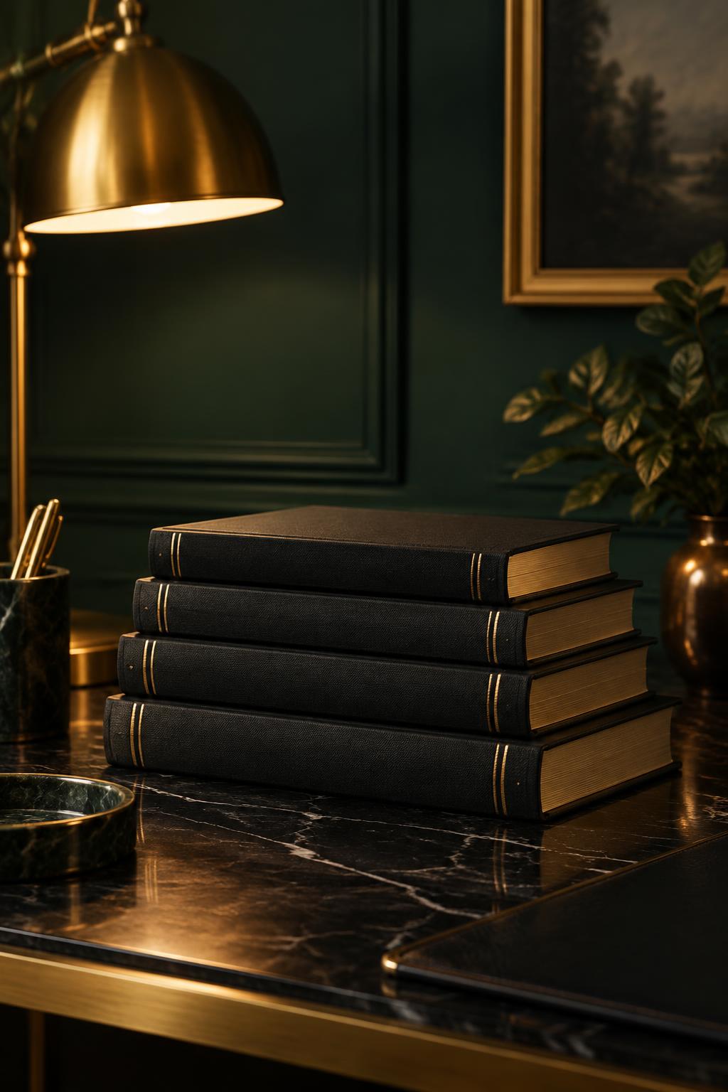 A stack of black clothbound books on a marble desk