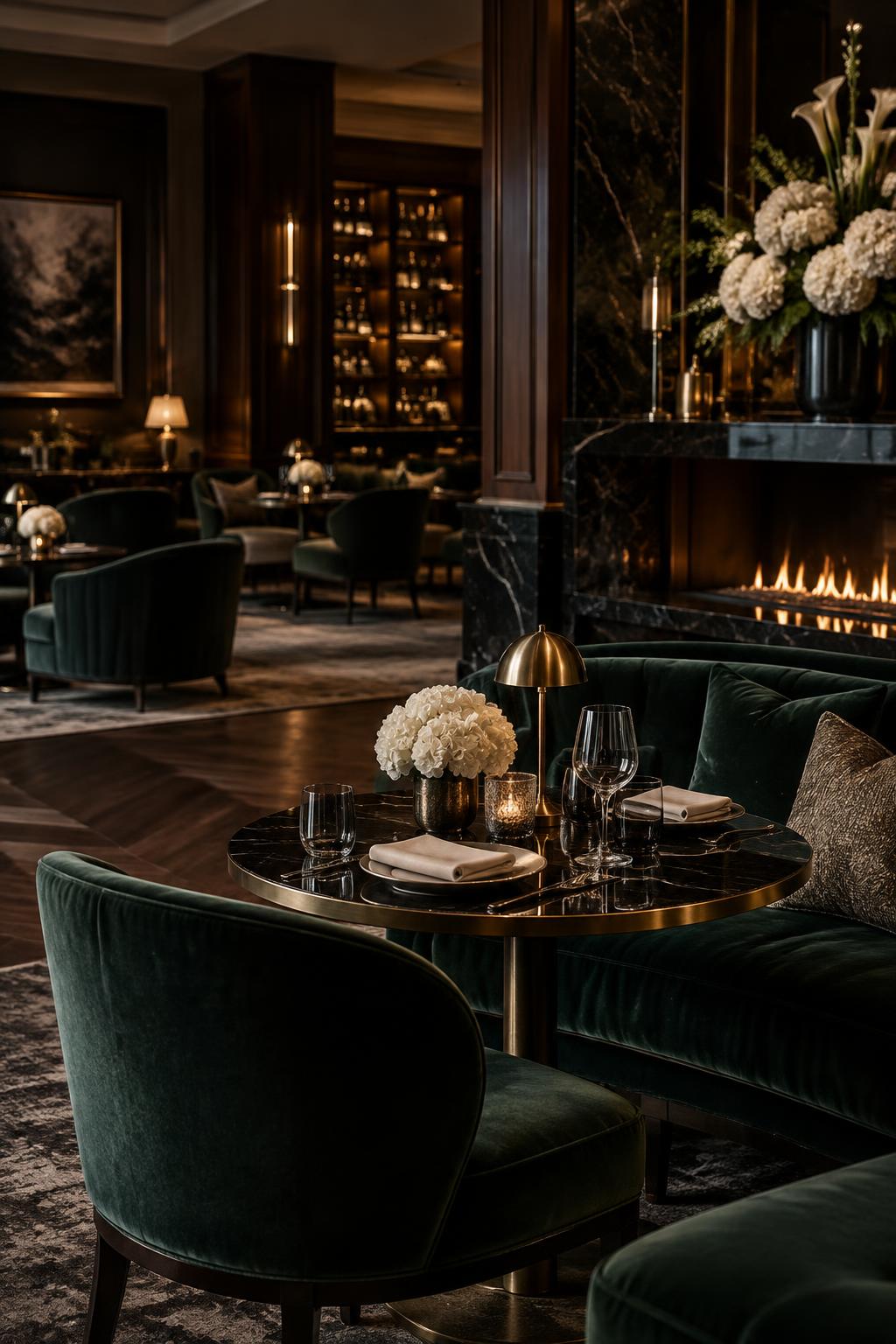A luxury hotel lounge with emerald seating and warm brass lighting