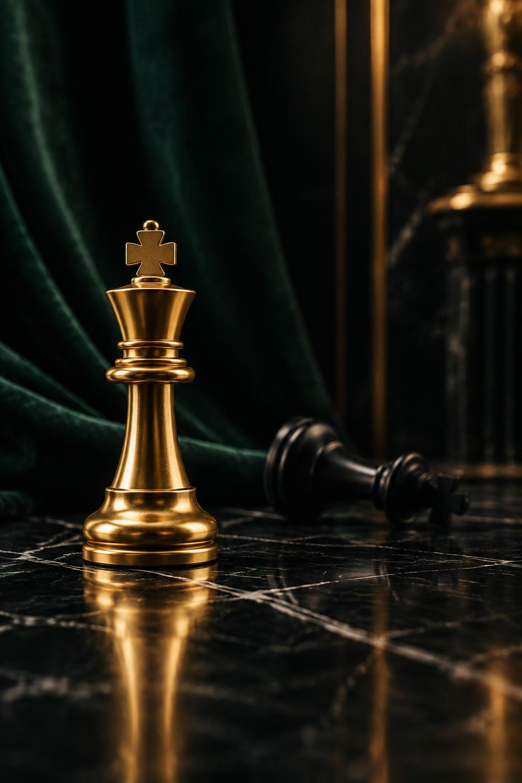 A gold chess king in an emerald and black setting
