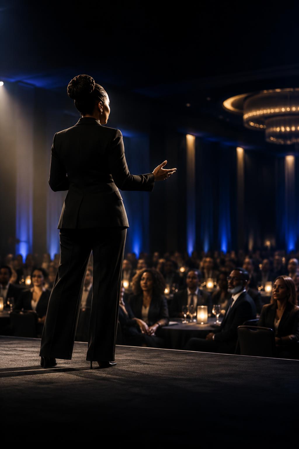 Executive keynote speaker addressing a sophisticated audience
